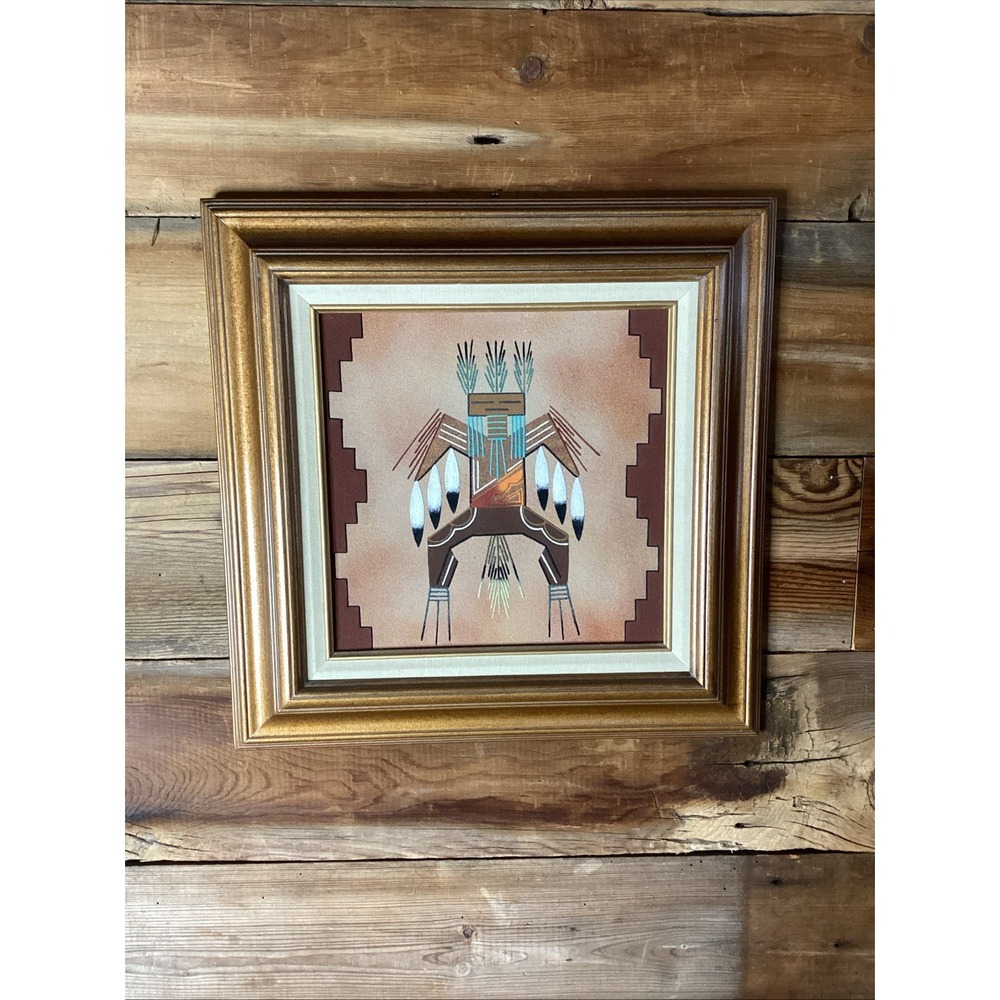 Vintage Navajo Sand Art Painting "Thunder" Medicine Man By Marie Akee 19x19